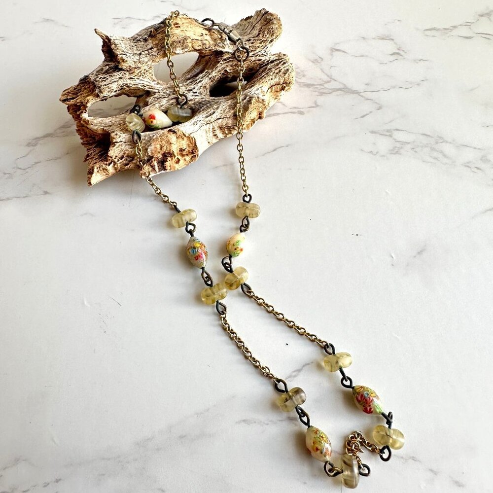 Vintage Floral Glass Bead Necklace, 14" Gold Tone Chain, Resin Accents, 1940s